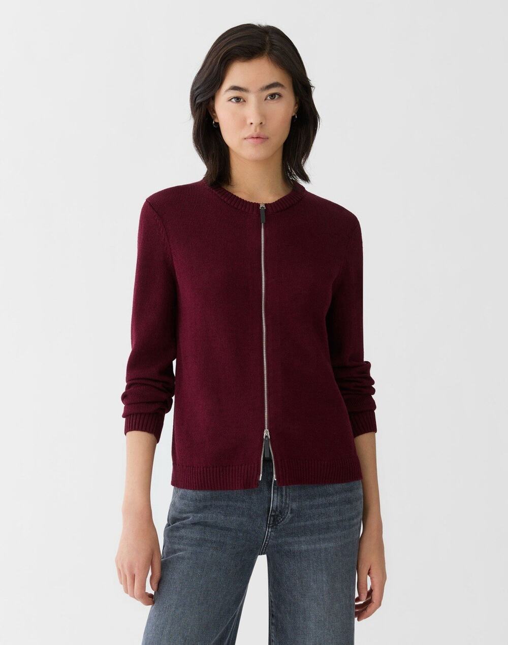 Lafayette 148 COTTON-SILK CREWNECK BOMBER CARDIGAN Red Medium